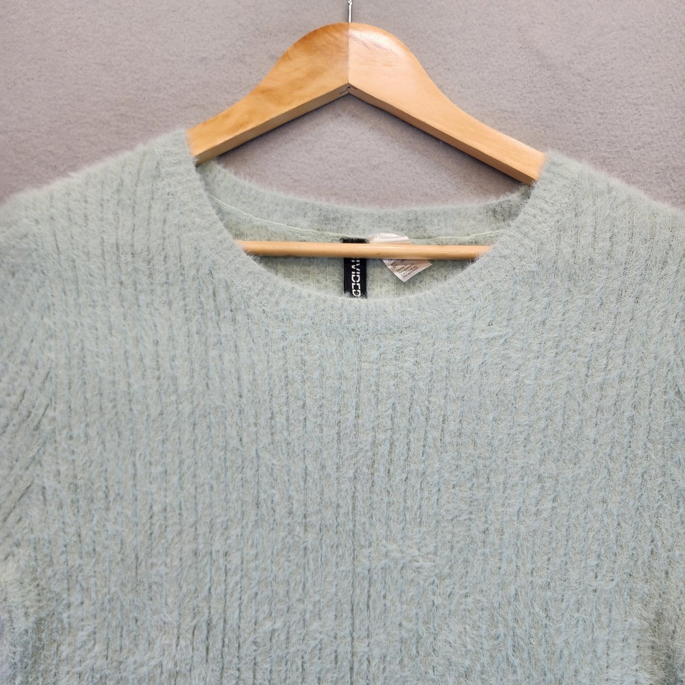 H&M Divided Fuzzy Eyelash Knit Cropped Sweater Mint Green Split Flare Cuff XL - Picture 3 of 12